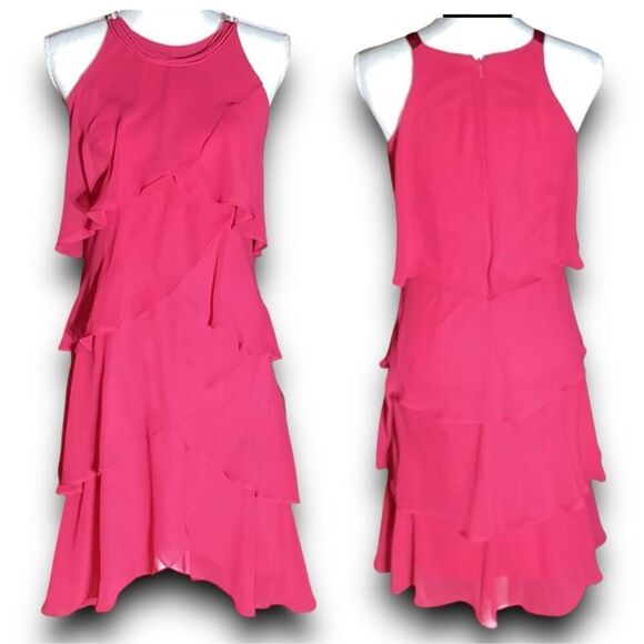 S. L. Fashions Strapless Hot Pink Fuchsia Tiered Ruffle Layered Cocktail Dress S - Picture 1 of 11